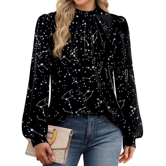 Women's Long Sleeve Mock Neck Pleated Blouse Dressy Casual Fall Top 2025 - Picture 3 of 5